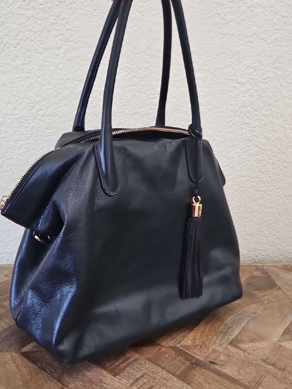 CUYANA BLACK ALL LEATHER Tote Bag Satchel Gold Toned Hardware